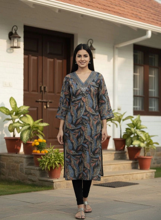 Dark Grey Multi - Color Leaf Print Kurti with Embroidered V - Neck - Vinnexa.in
