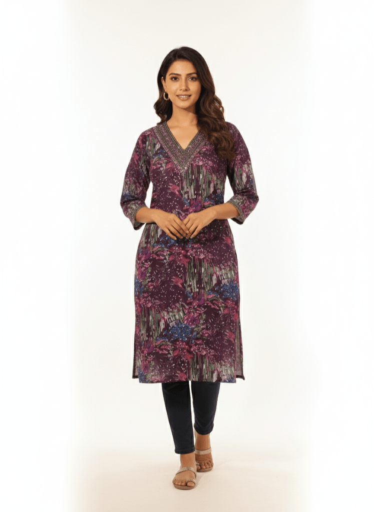 Deep Maroon Abstract Print Straight Kurti with Embroidered V - Neck - Vinnexa.in