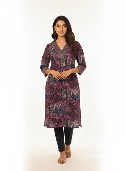 Deep Maroon Abstract Print Straight Kurti with Embroidered V - Neck - Vinnexa.in