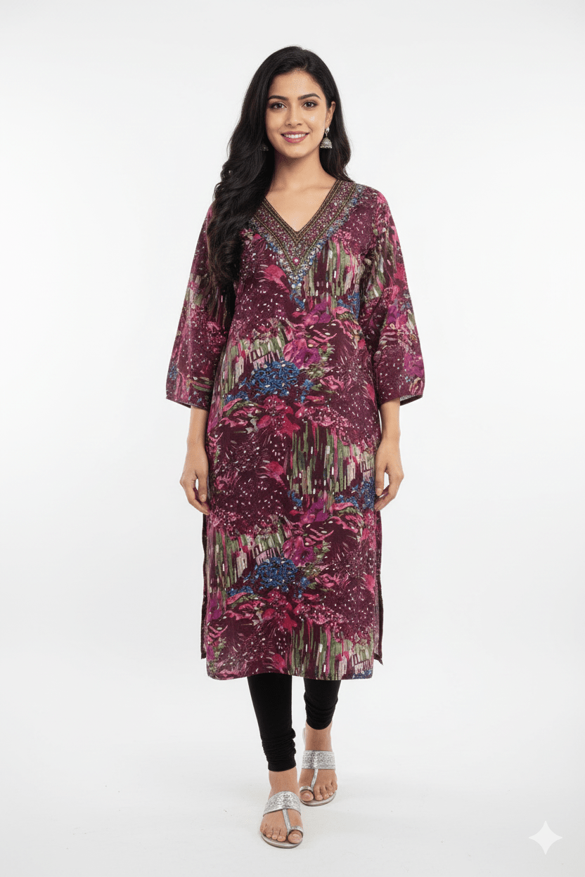 Deep Maroon Abstract Print Straight Kurti with Embroidered V - Neck - Vinnexa.in
