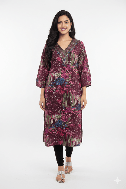 Deep Maroon Abstract Print Straight Kurti with Embroidered V - Neck - Vinnexa.in