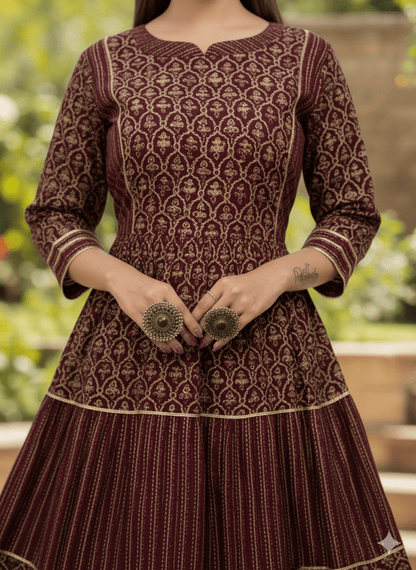 Deep Maroon Tiered Flared Anarkali Gown - Festive Cotton Kurta - Vinnexa.in