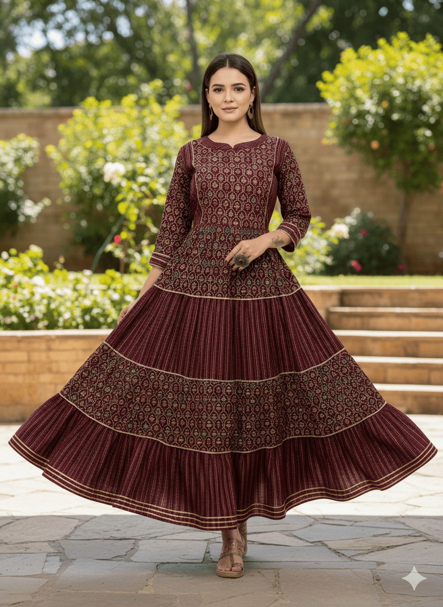 Deep Maroon Tiered Flared Anarkali Gown - Festive Cotton Kurta - Vinnexa.in
