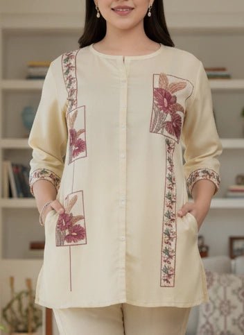 Elegant Cream Embroidered Cotton Co - Ord Set for Women - Vinnexa.in