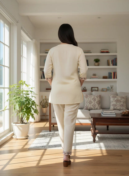 Elegant Cream Embroidered Cotton Co - Ord Set for Women - Vinnexa.in