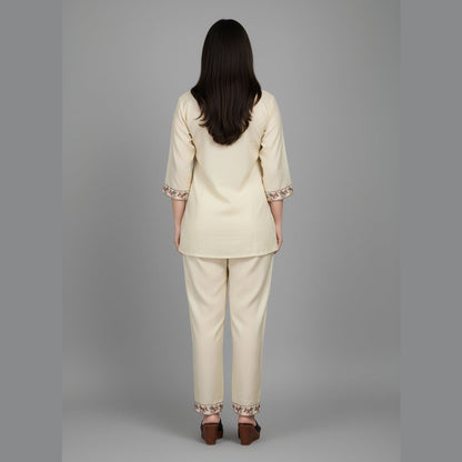 Elegant Cream Embroidered Cotton Co - Ord Set for Women - Vinnexa.in