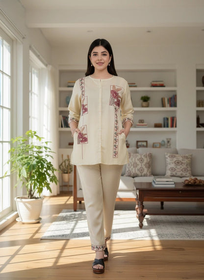 Elegant Cream Embroidered Cotton Co - Ord Set for Women - Vinnexa.in