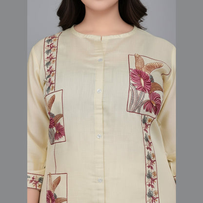 Elegant Cream Embroidered Cotton Co - Ord Set for Women - Vinnexa.in
