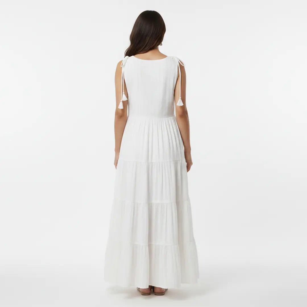 Elegant White Sleeveless Flared Maxi Dress with Gold Embroidery - Vinnexa.in