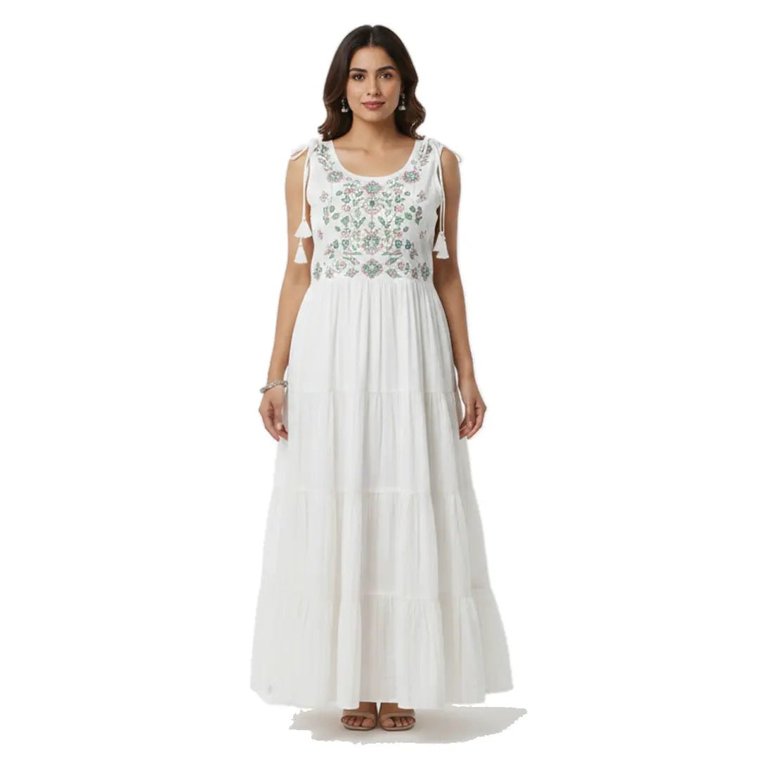Elegant White Sleeveless Flared Maxi Dress with Gold Embroidery - Vinnexa.in