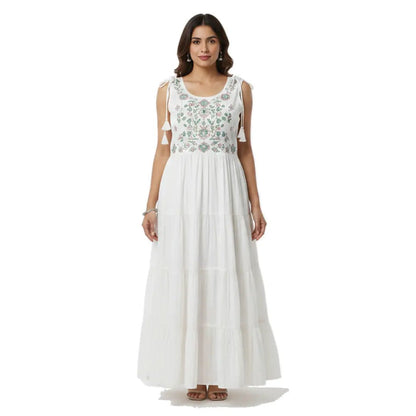 Elegant White Sleeveless Flared Maxi Dress with Gold Embroidery - Vinnexa.in