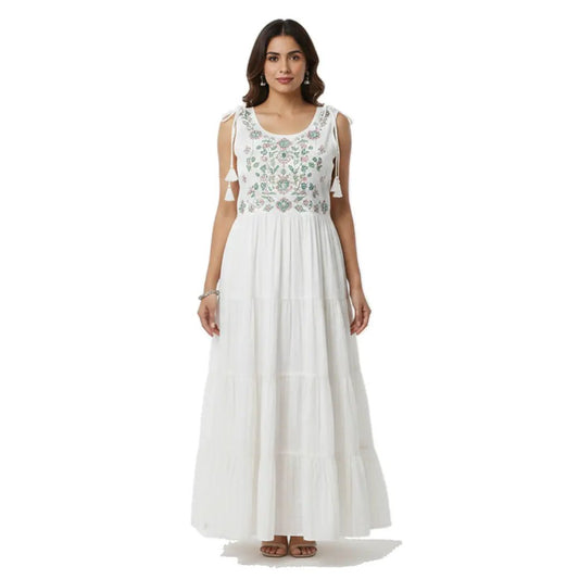 Elegant White Sleeveless Flared Maxi Dress with Gold Embroidery - Vinnexa.in
