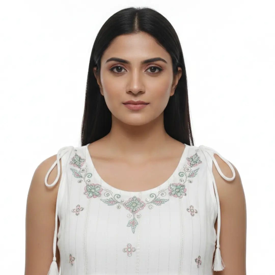 Elegant White Sleeveless Flared Maxi Dress with Gold Embroidery - Vinnexa.in