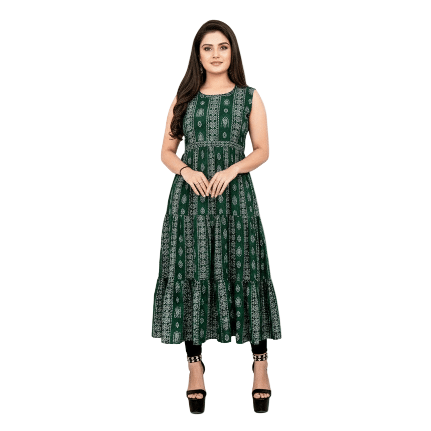 Emerald Green Printed Sleeveless Tiered Flared Kurti - Vinnexa.in