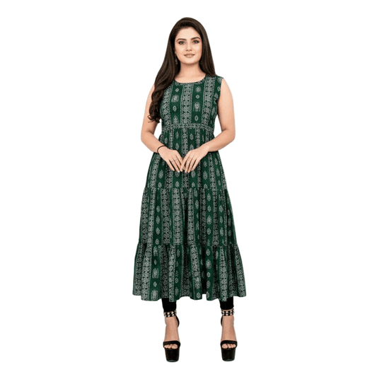 Emerald Green Printed Sleeveless Tiered Flared Kurti - Vinnexa.in