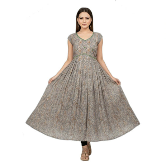 Grey Taupe Floral Print Cotton Anarkali Gown - Casual Festive - Vinnexa.in