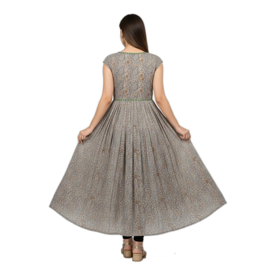 Grey Taupe Floral Print Cotton Anarkali Gown - Casual Festive - Vinnexa.in
