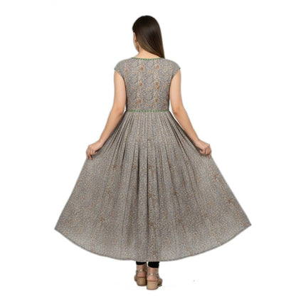 Grey Taupe Floral Print Cotton Anarkali Gown - Casual Festive - Vinnexa.in