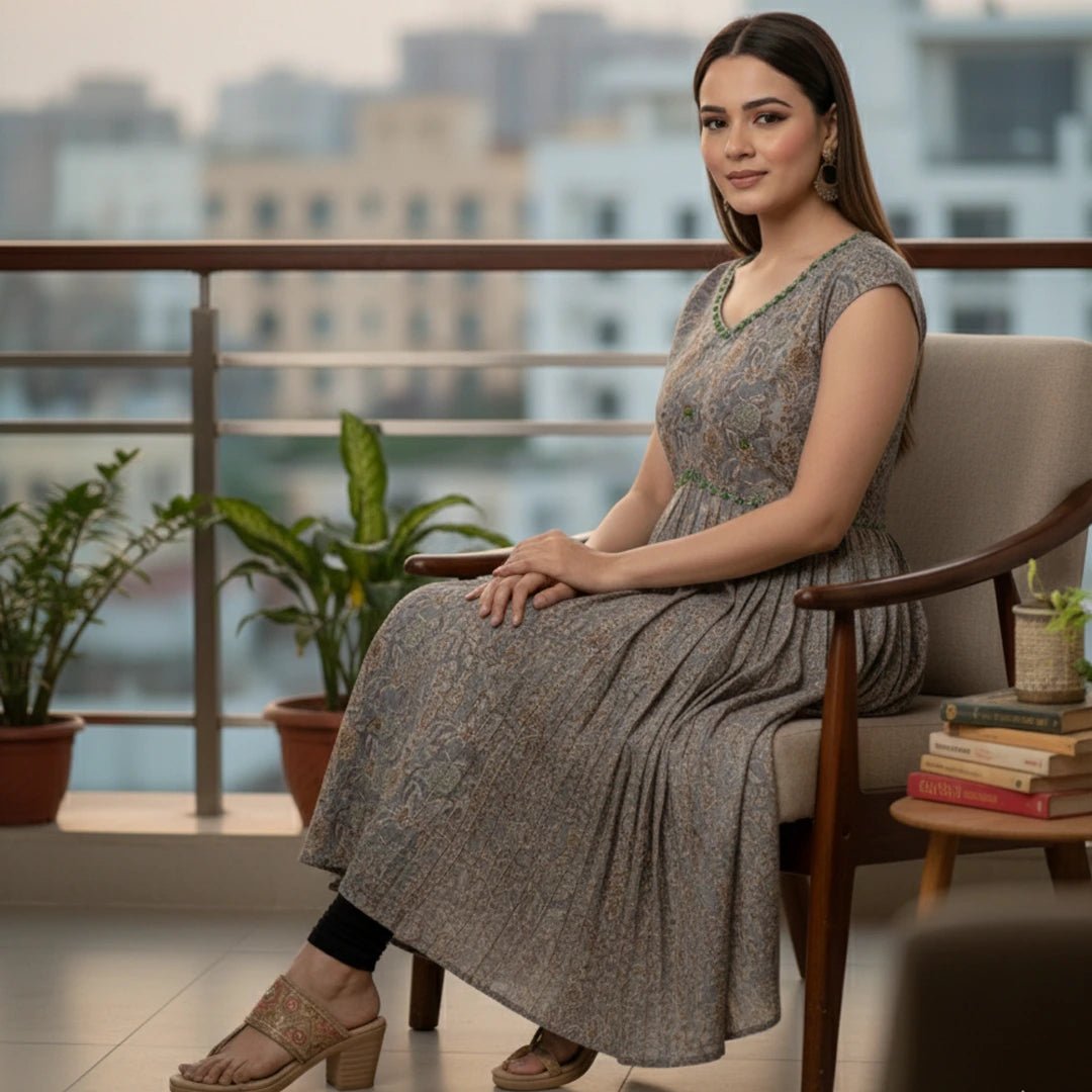 Grey Taupe Floral Print Cotton Anarkali Gown - Casual Festive - Vinnexa.in