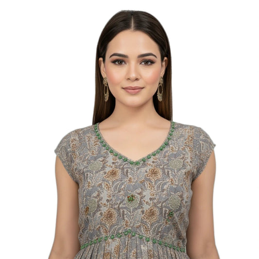 Grey Taupe Floral Print Cotton Anarkali Gown - Casual Festive - Vinnexa.in