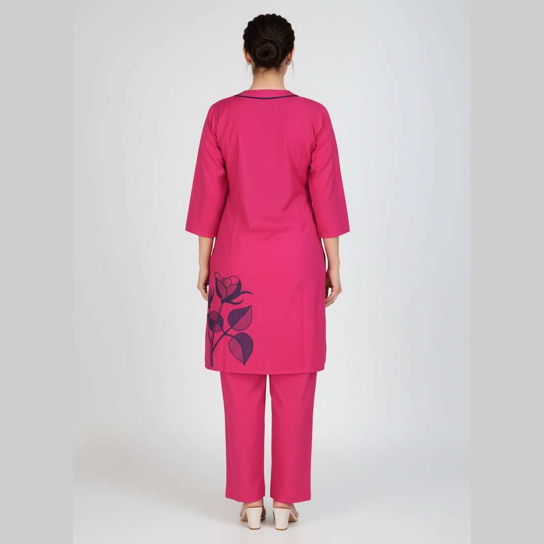 Hot Pink Floral Appliqué Tunic and Pant Co - ord Set - Vinnexa.in