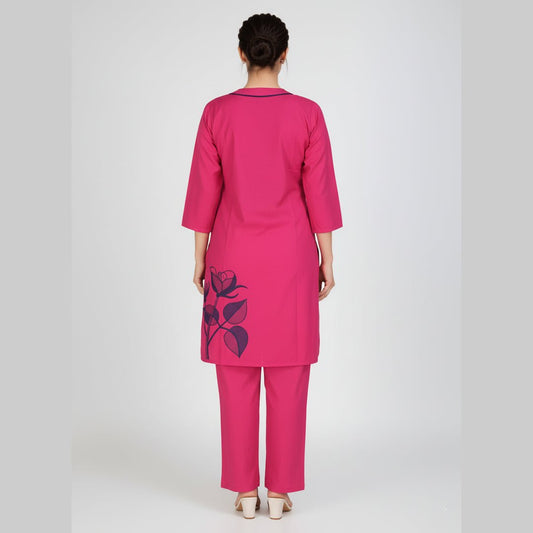 Hot Pink Floral Appliqué Tunic and Pant Co - ord Set - Vinnexa.in