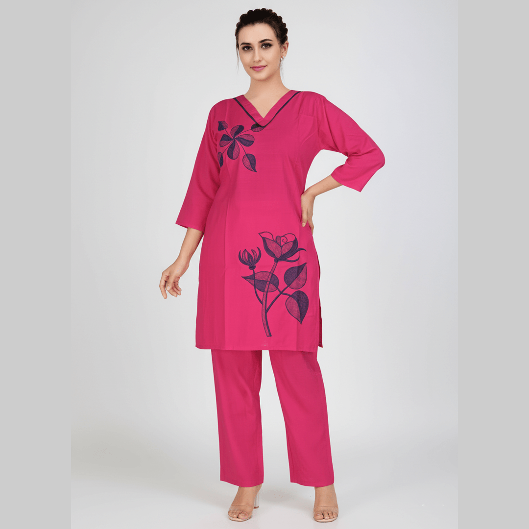 Hot Pink Floral Appliqué Tunic and Pant Co - ord Set - Vinnexa.in