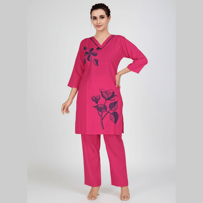 Hot Pink Floral Appliqué Tunic and Pant Co - ord Set - Vinnexa.in