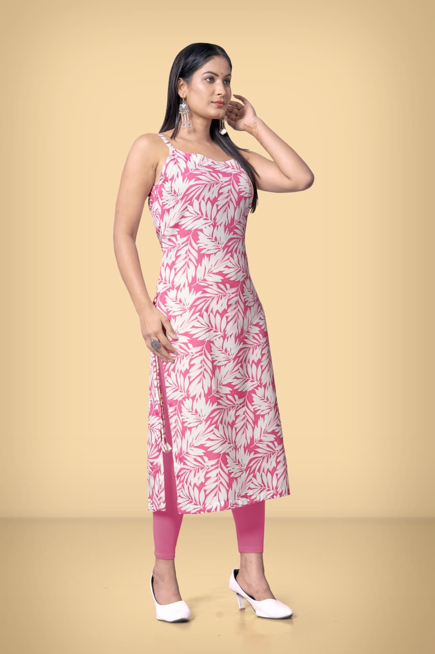 Hot Pink & White Leaf Print Spaghetti Strap Kurti - Straight Fit - Vinnexa.in