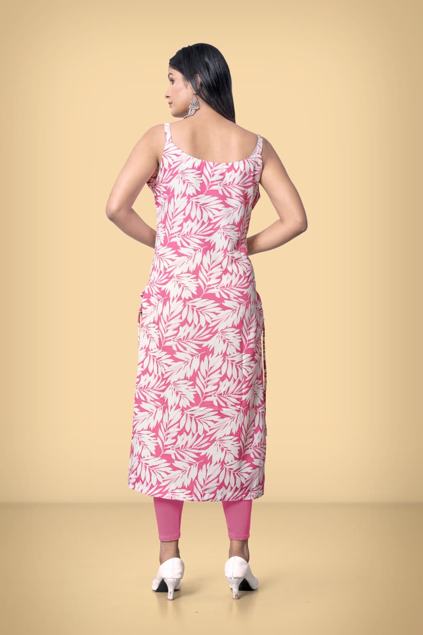 Hot Pink & White Leaf Print Spaghetti Strap Kurti - Straight Fit - Vinnexa.in