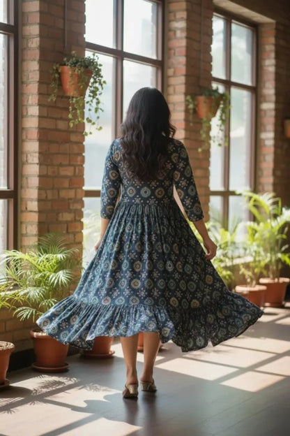 Indigo Block Print Cotton Flared Dress with Ruffle Hem - Vinnexa.in
