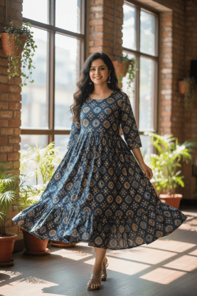 Indigo Block Print Cotton Flared Dress with Ruffle Hem - Vinnexa.in