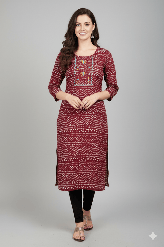 Maroon Bandhani Print Straight Kurti with Neck Embroidery - Vinnexa.in