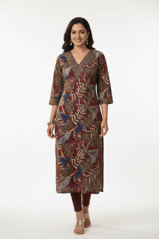 Maroon Multi - Color Leaf Print Straight Kurti with Embroidered V - Neck - Vinnexa.in
