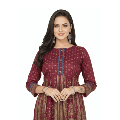 Maroon Rayon Gold Print Flared Kurti for Women - Anarkali Style - Vinnexa.in