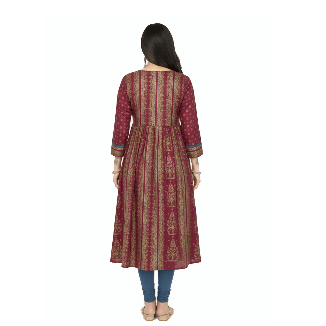 Maroon Rayon Gold Print Flared Kurti for Women - Anarkali Style - Vinnexa.in