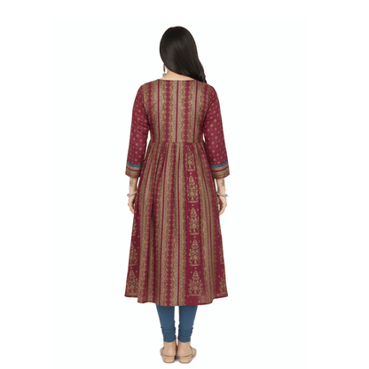 Maroon Rayon Gold Print Flared Kurti for Women - Anarkali Style - Vinnexa.in