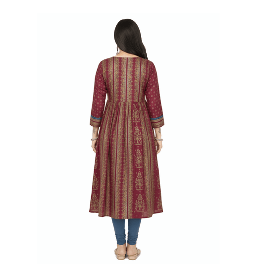 Maroon Rayon Gold Print Flared Kurti for Women - Anarkali Style - Vinnexa.in