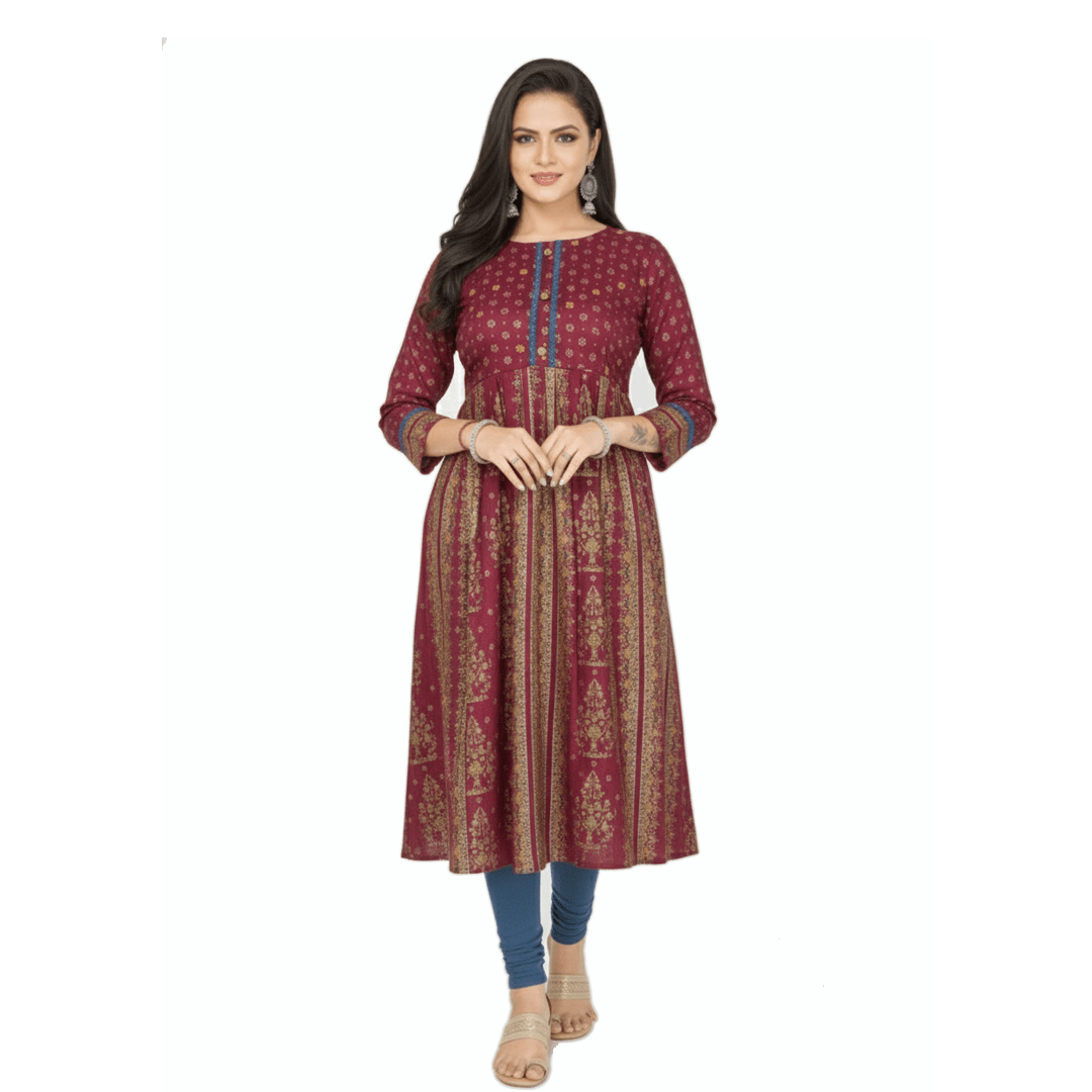 Maroon Rayon Gold Print Flared Kurti for Women - Anarkali Style - Vinnexa.in