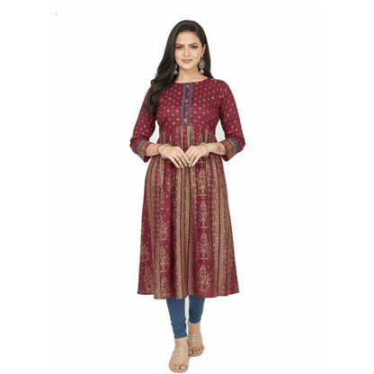 Maroon Rayon Gold Print Flared Kurti for Women - Anarkali Style - Vinnexa.in