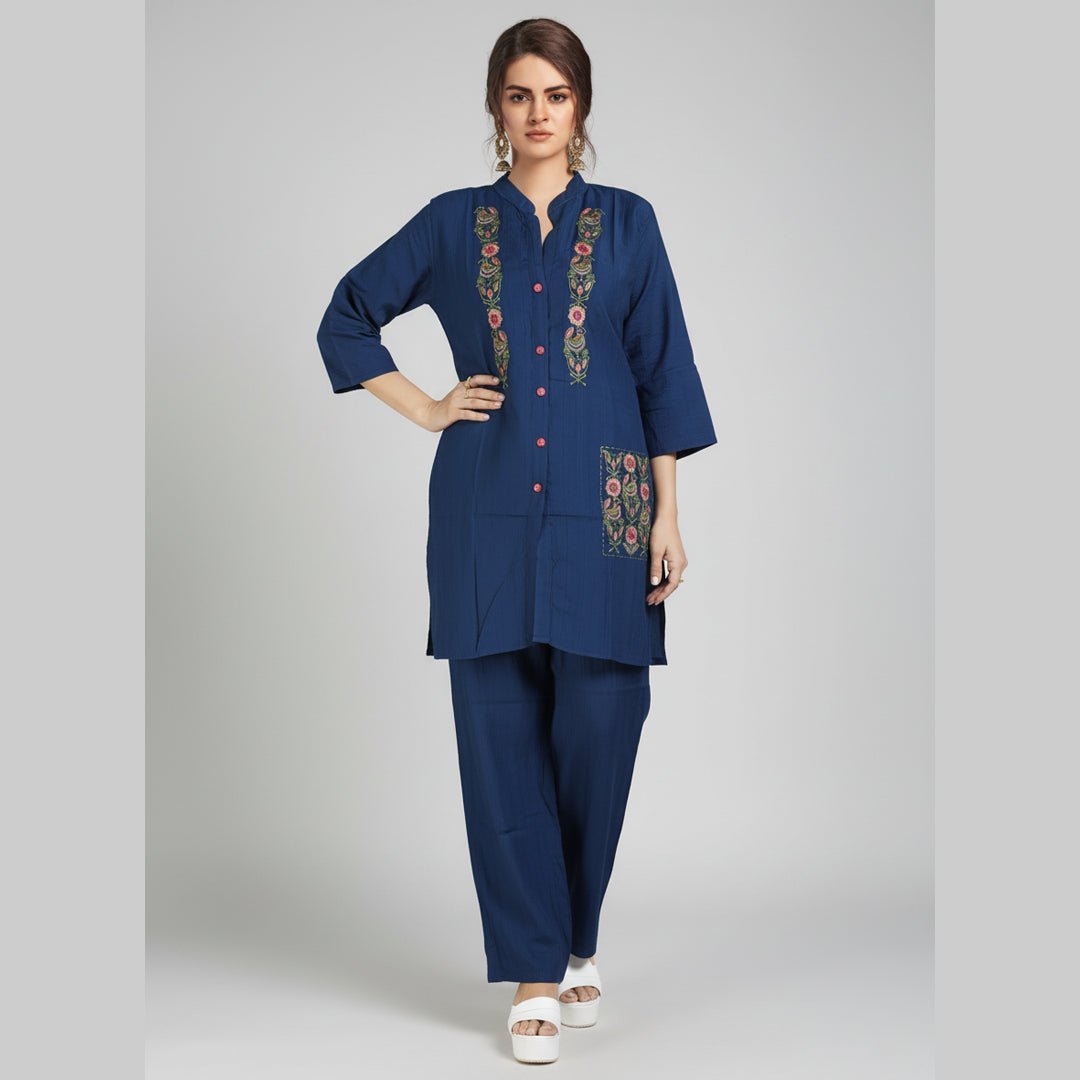 Navy Blue Embroidered Tunic and Pant Co - ord Set - Vinnexa.in