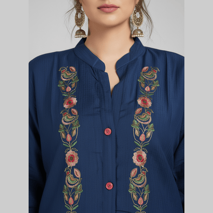 Navy Blue Embroidered Tunic and Pant Co - ord Set - Vinnexa.in