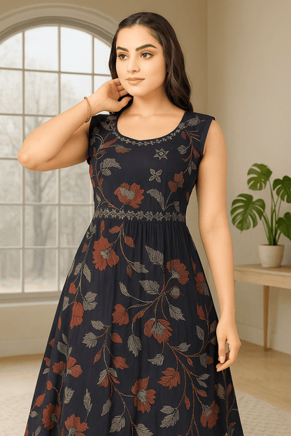 Navy Blue Floral Embroidered Sleeveless Maxi Dress / Gown - Vinnexa.in