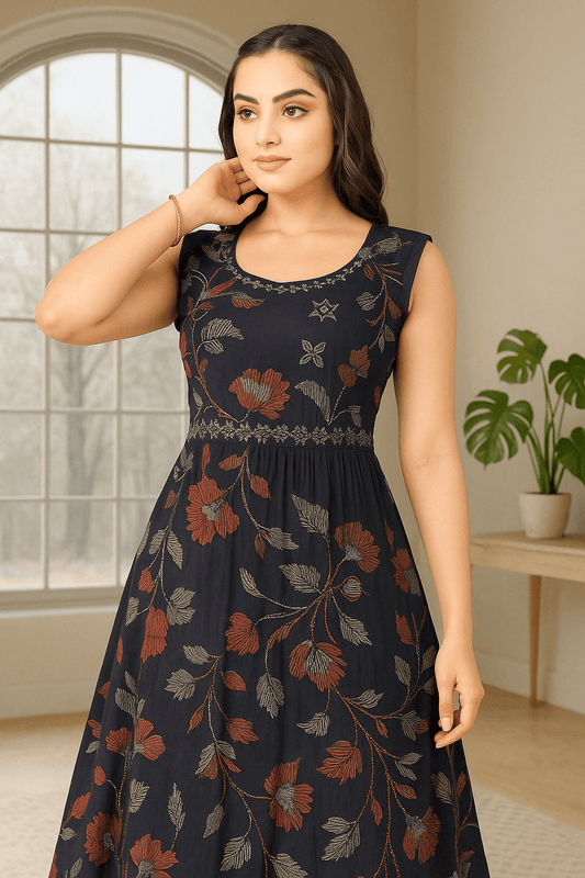 Navy Blue Floral Embroidered Sleeveless Maxi Dress / Gown - Vinnexa.in