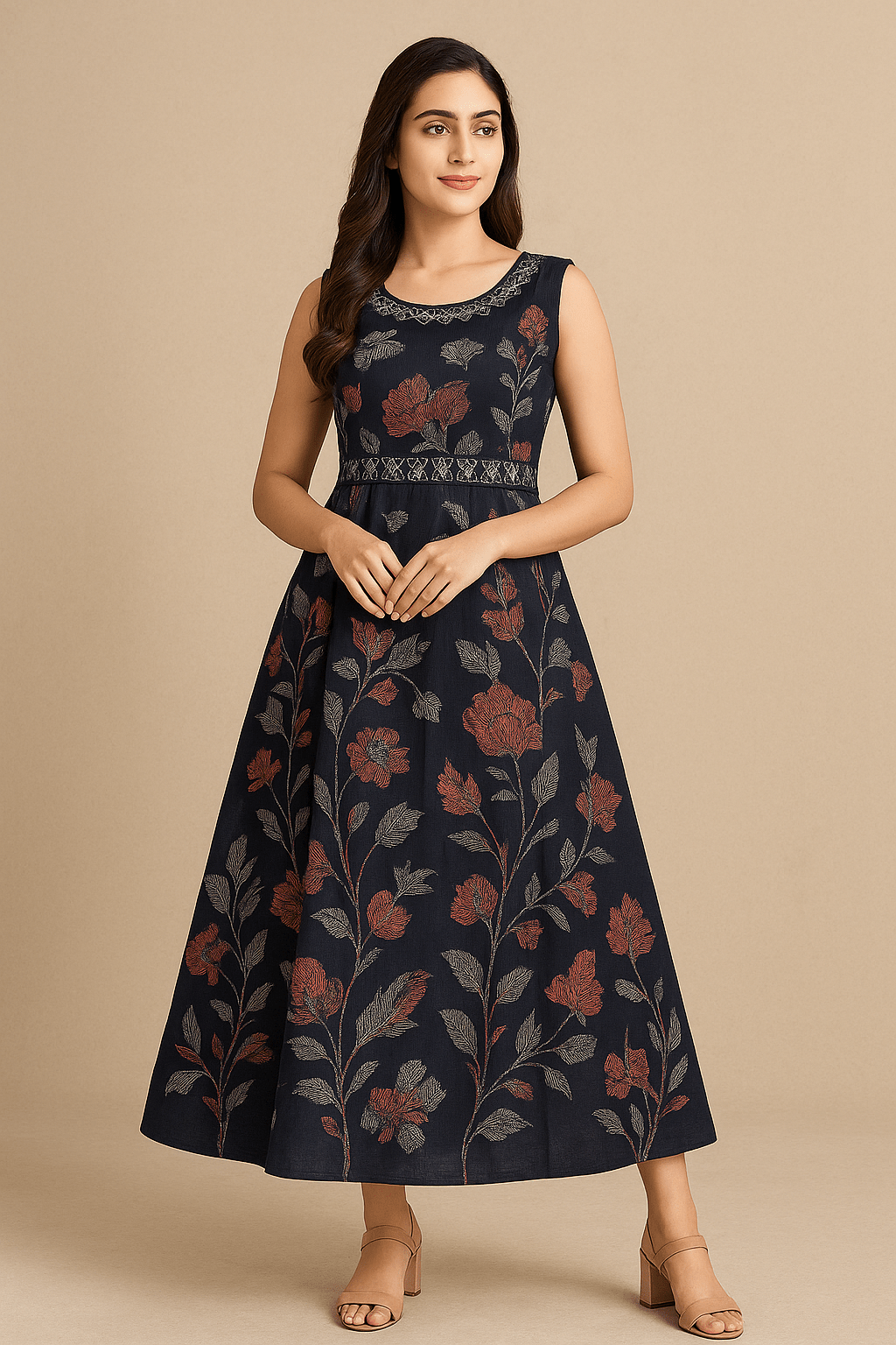 Navy Blue Floral Embroidered Sleeveless Maxi Dress / Gown - Vinnexa.in