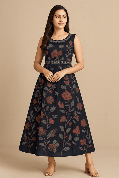 Navy Blue Floral Embroidered Sleeveless Maxi Dress / Gown - Vinnexa.in