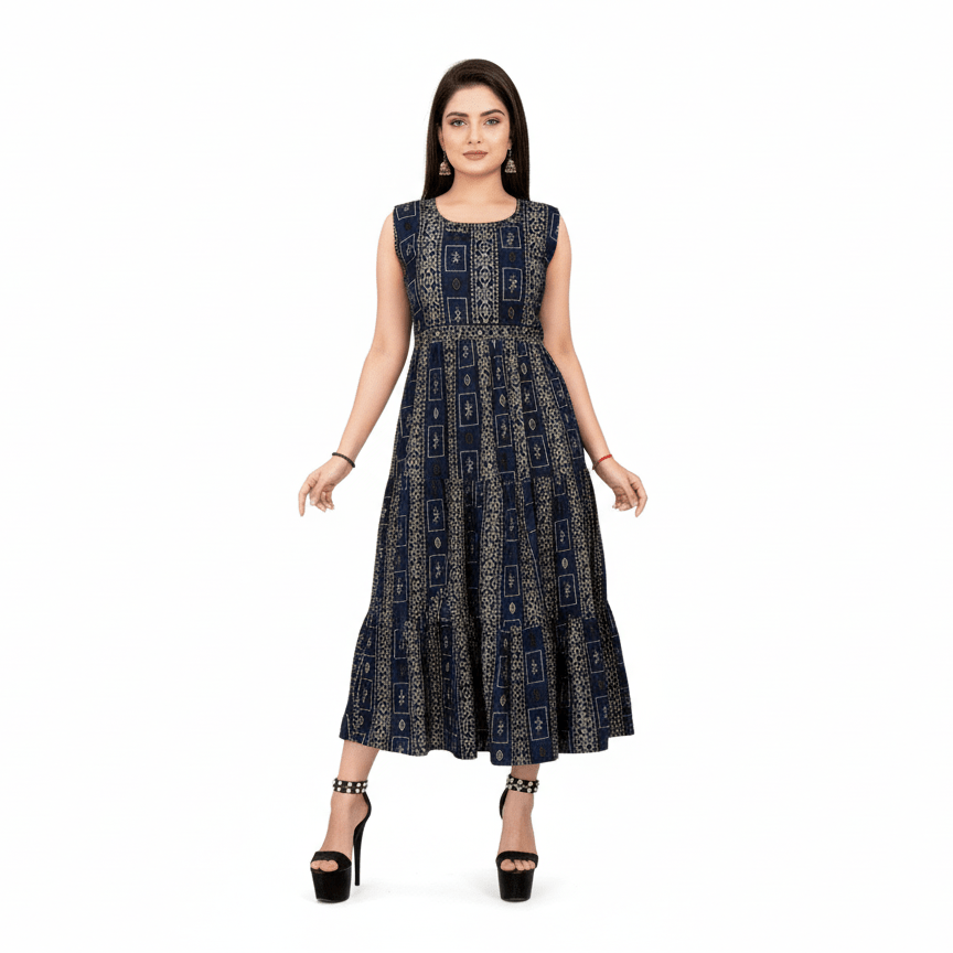 Navy Blue Geometric Print Sleeveless Flared Kurti - Indo - Western - Vinnexa.in