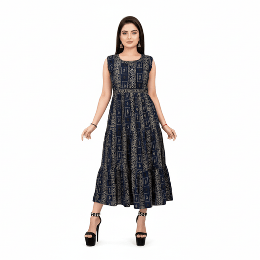 Navy Blue Geometric Print Sleeveless Flared Kurti - Indo - Western - Vinnexa.in