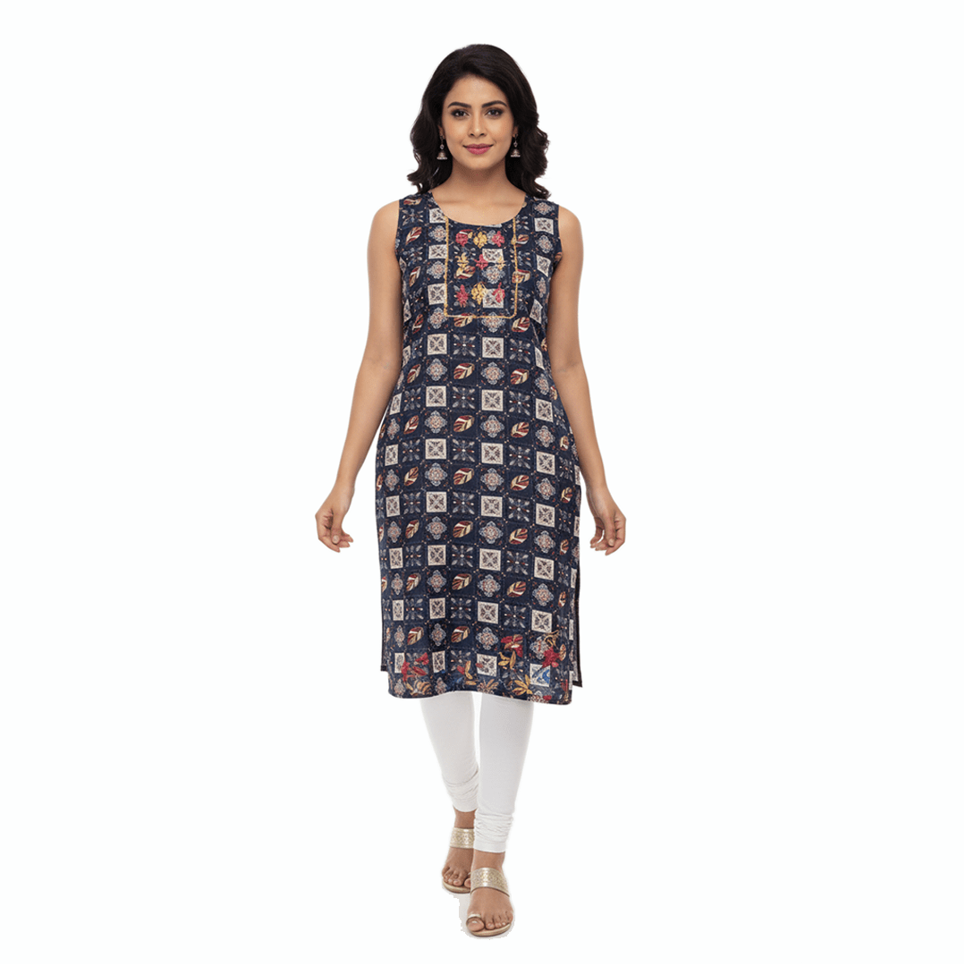 Navy Blue Printed Sleeveless Straight Kurti | Knee Length - Vinnexa.in