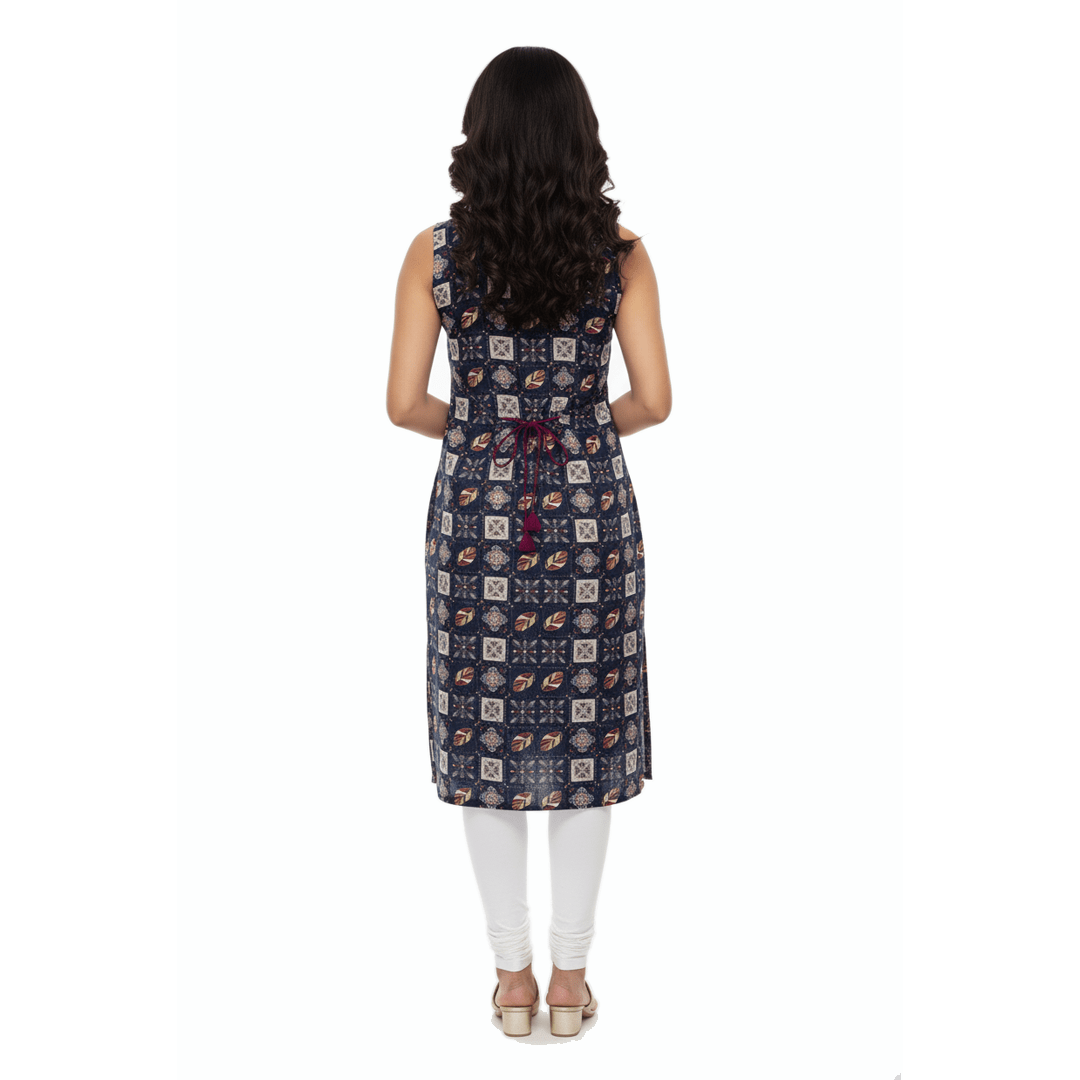 Navy Blue Printed Sleeveless Straight Kurti | Knee Length - Vinnexa.in